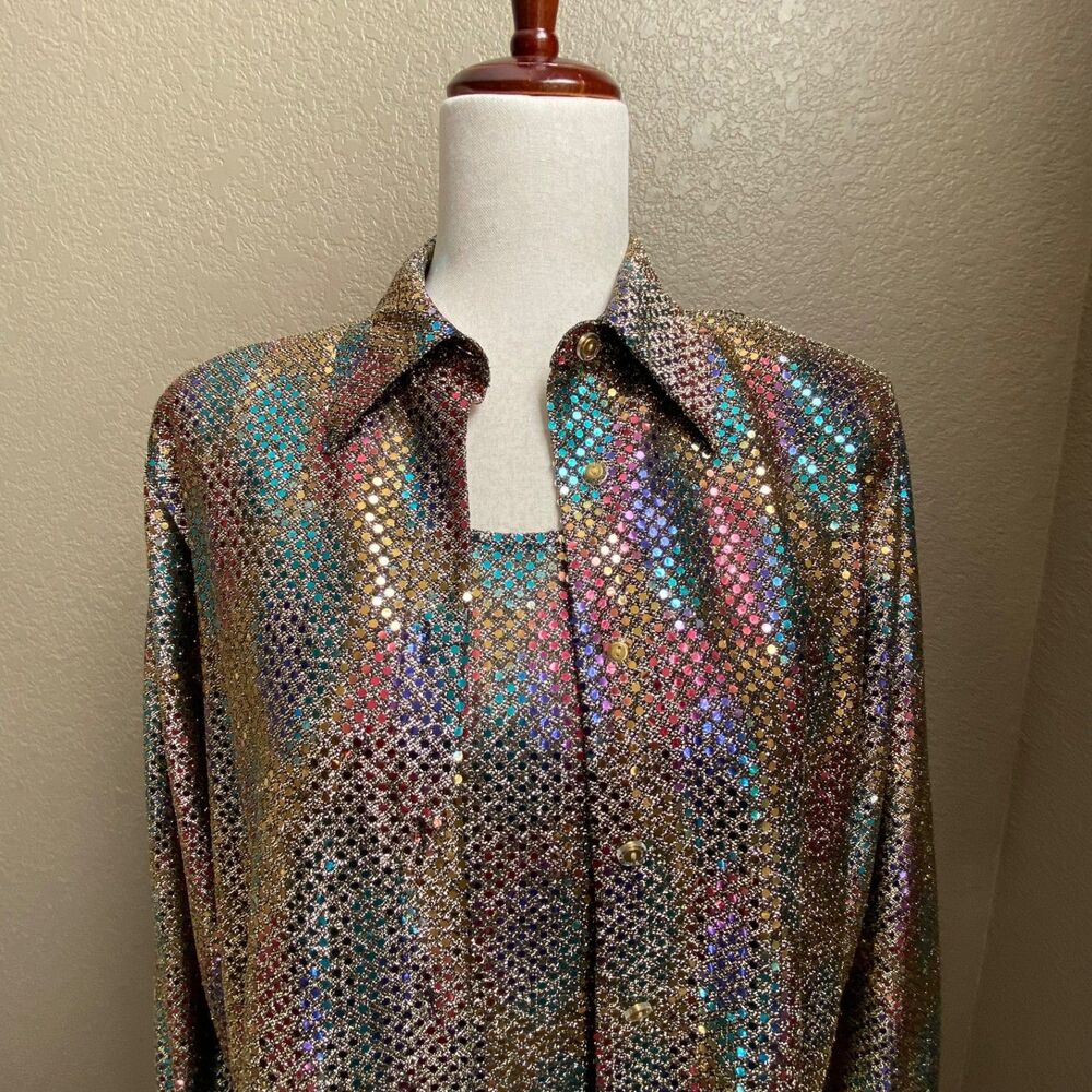 Ives St Clair Petites 8P Rainbow Sequin Disco Blouse Tank Party Top Set